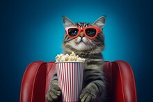 Cat Watching 3D Movie With Popcorn Sitting In Red Armchair. Generative AI