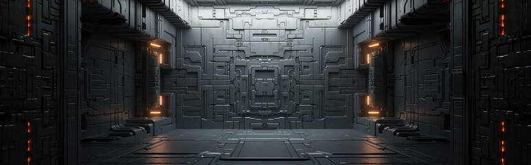 Dark color Scifi design external panels abstract. Wide format. Hand edited generative AI.