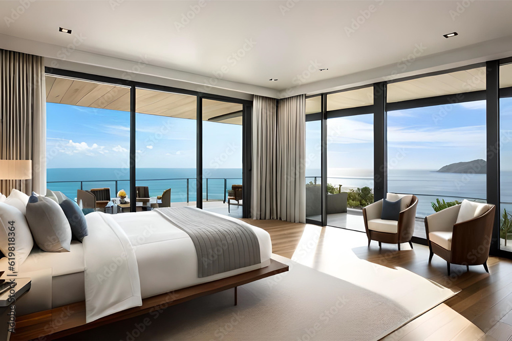 Interior design of a luxurious beachfront bedroom with floor-to-ceiling ...