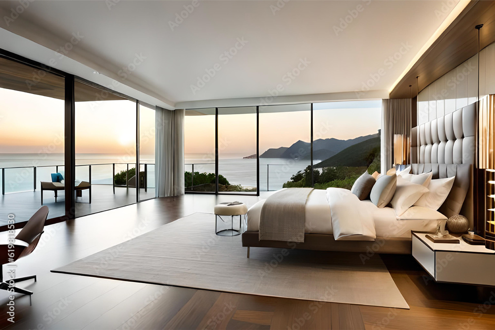 Interior design of a luxurious beachfront bedroom with floor-to-ceiling ...