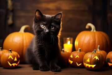 Wall Mural - Halloween cute black kitten with pumpkins. Jack lantern illustration Generative AI