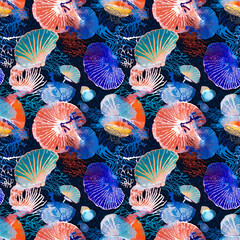  Seamless blue red underwater shell clam repeat background. Tropical modern seashell coastal pattern clash fabric coral reef print for summer beach textile designs with a linen cotton effect.