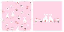 Seamless Pattern With Bunny Rabbit Cartoons, Branch And Daisy Flower On Pink Background Vector Illustration.