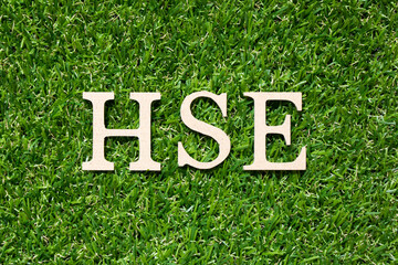 Wall Mural - Wood alphabet letter in word HSE (Abbreviation of Health, safety, environment) on artificial green grass background