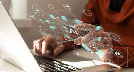Aufkleber - Multi exposure of man's hand holding and using a digital device and data theme drawing. Innovation concept.