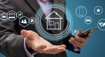 Poster - Property Management Real Estate Mortgage Rent Buy concept on the hexagons and transparent honeycomb structure presentation screen. Man pressing button on display with word in modern office