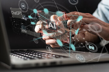 Aufkleber - businessman using technology AI for working tools. Chat bot Chat with AI, using technology smart robot AI, artificial intelligence to generate something or Help solve work problems.