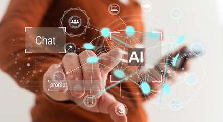 Aufkleber - Technology and people concept man use AI to help work, AI Learning and Artificial Intelligence Concept. Business, modern technology, internet and networking concept. AI technology in everyday life. 