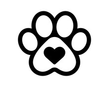Paw Icon. Dog, Cat Paw Icon. Zoo, Vet Logo Element. Paw Print With Heart Vector Symbol. Line Style.