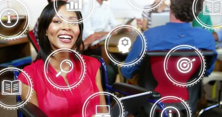 Poster - Animation of icon in circles over smiling biracial woman looking at camera in office