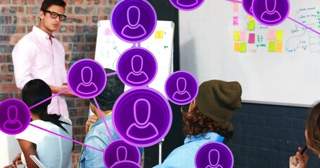 Poster - Animation of connected icons over diverse manager explaining strategy to coworkers on whiteboard