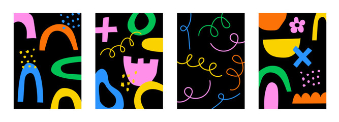 Wall Mural - abstract hand drawn y2k naive trendy posters. vector organic colourful doodle shapes backgrounds, pa