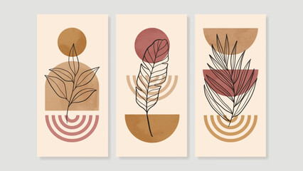 Wall Mural - Set of abstract foliage wall art vector. Leaves, geometric shape, earth tone color, tropical leaf in hand drawn style. Watercolor wall decoration collection design for interior, poster, cover, banner.