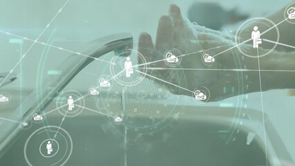 Poster - Animation of connected icons over glove against caucasian woman cleaning hands with soap