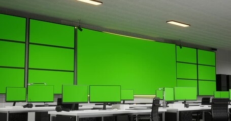 Wall Mural - big green screen horizontal mock up in a control security center room with many green screen mock up