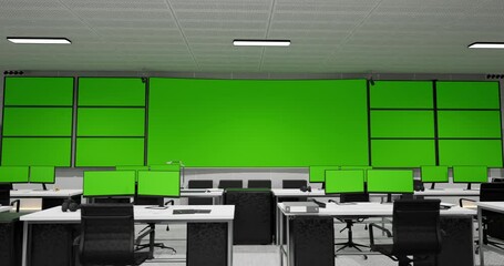 Wall Mural - big green screen horizontal mock up in a control security center room with many green screen mock up