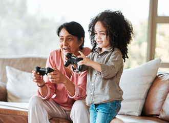 Sticker - Grandmother, kid and gaming on sofa, controller and happy together with bond, care and love in family home. Senior woman, young child and playing with video game, esports and excited in living room