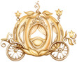 Cute carriage of Princess Cinderella in pumpkin shape. Hand drawn watercolor illustration vintage golden royal transport.