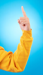 Aufkleber - Man, hands and pointing up finger for idea, solution or remember in memory against a blue studio background. Hand of male person in choice, decision or advertising plan guide, offer or opportunity