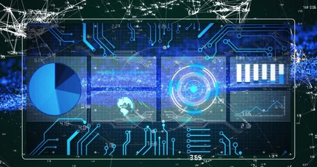 Poster - Animation of graphs, loading circles, globe, circuit board pattern over connected dots with numbers