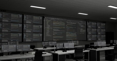 Wall Mural - programming code moving on big black screen background horizontal with multiple monitors and desktop