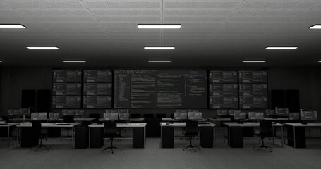 Wall Mural - programming code moving on big black screen background horizontal with multiple monitors and desktop