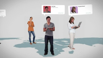 Poster - Animation of diverse men and women with profile informations standing on world map