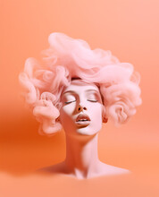 Generative AI Illustration Of Sensual Female With Hair Made Of Smoke Closing Eyes On Orange Background