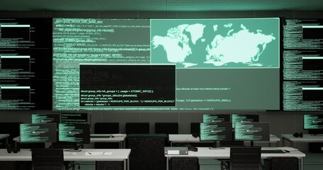 Wall Mural - programming code moving on big black screen background horizontal with multiple monitors and desktop
