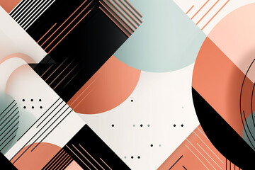 Generative AI illustration of multicolored abstract background with round shapes placed one on another and parallel lines with scattered spots