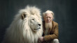 © ADDICTIVE STOCK - AI generated illustration of elderly bearded man with albinism in jacket looking at camera against albino male lion with lush mane on black backdrop