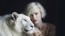 AI Generated Illustration Of Charming Young Woman With Albinism Embracing Albino Lion Looking At Camera On Black Background