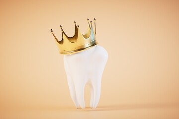 The concept of dental treatment. A large molar in a crown on a pastel background. 3D render