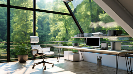 Wall Mural - Modern home office setup,  table with computer, chair, and huge glass window with nice green forest view.