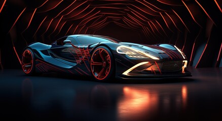 Wall Mural - Side view neon glowing sports car silhouette. Abstract illustration in modern style