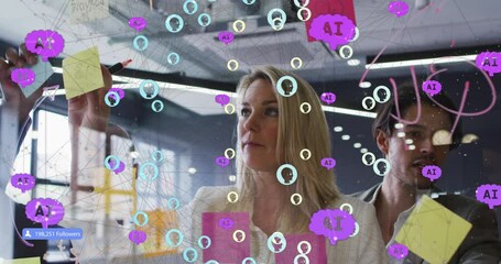 Poster - Animation of connected people and ai icons over diverse woman with man sticking note on glass wall