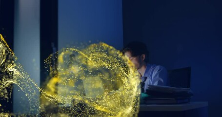 Poster - Animation of golden digital dots wave pattern moving over caucasian man waving hand and using laptop