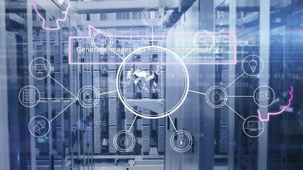 Poster - Animation of globe and connected dots with hud interface screens, storage system in data server room