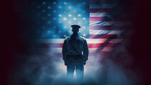 American Soldier Patriot Man Standing  Front Of The Smoke With USA Flag Background