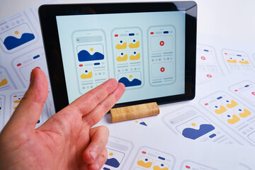 UX mobile application wireframe. Sketch, prototype, framework, layout future app design project. UI/UX - user interface and user experience designer. Creative concept for smartphone. App development