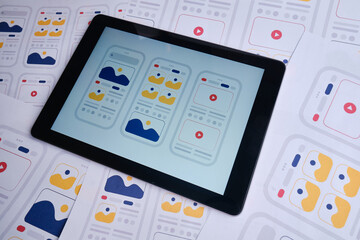 UX mobile application wireframe. Sketch, prototype, framework, layout future app design project. UI/UX - user interface and user experience designer. Creative concept for smartphone. App development 