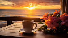 Cup Of Coffee At Sunset Over The Ocean Generative AI