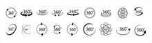 360 Degrees Vector Icon Set. Round Signs With Arrows Rotation To 360 Degrees. Rotate Symbol Isolated On Transparent Background. Vector Illustration.
