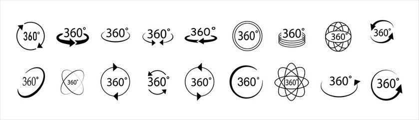 360 degrees vector icon set. round signs with arrows rotation to 360 degrees. rotate symbol isolated
