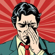 Crying businessman wipes away tears with his hand, vector illustration in vintage pop art comic style