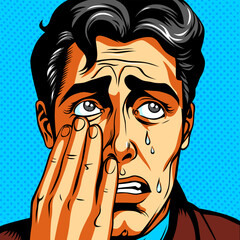 Wall Mural - Crying young man wipes away tears with his hand, vector illustration in vintage pop art comic style