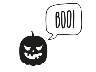 Wall Mural - Funny Halloween pumpkin silhouette with a speech bubble with a text Boo! Illustration on transparent background