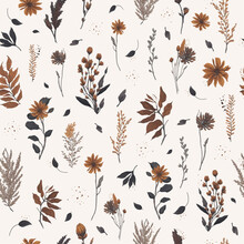 Seamless Pattern With Botanical Pattern. Brown Branches, Golden Pampas Grass, Orange Flowers In Autumnal Colouring. For Decorating Cards, Wedding Invitations. Vector