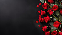 Valentines Day Border With Hearts, Gift, Red Roses On Black Background With Copy Space. View From Above