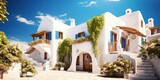 Fototapeta  - Traditional mediterranean shabby chic white house with pool on hill with stunning sea view. Summer vacation background.